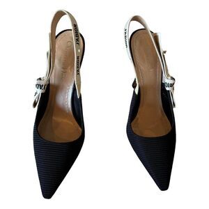 Dior J'Adior Black Technical Fabric Pointed Toe Logo Bow Slingback Heels Size 38
